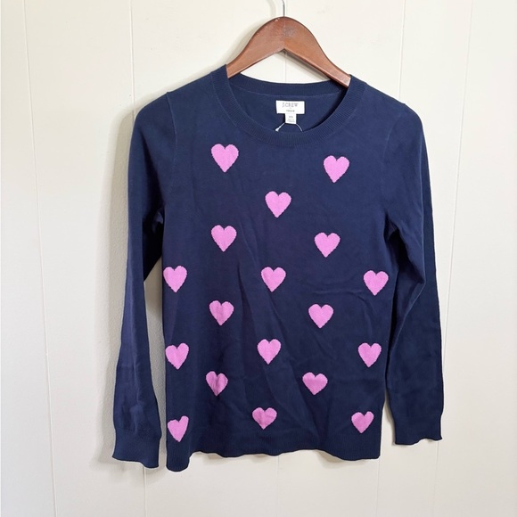 J Crew allover hearts teddie sweater cotton navy pink size XS new - Picture 2 of 6